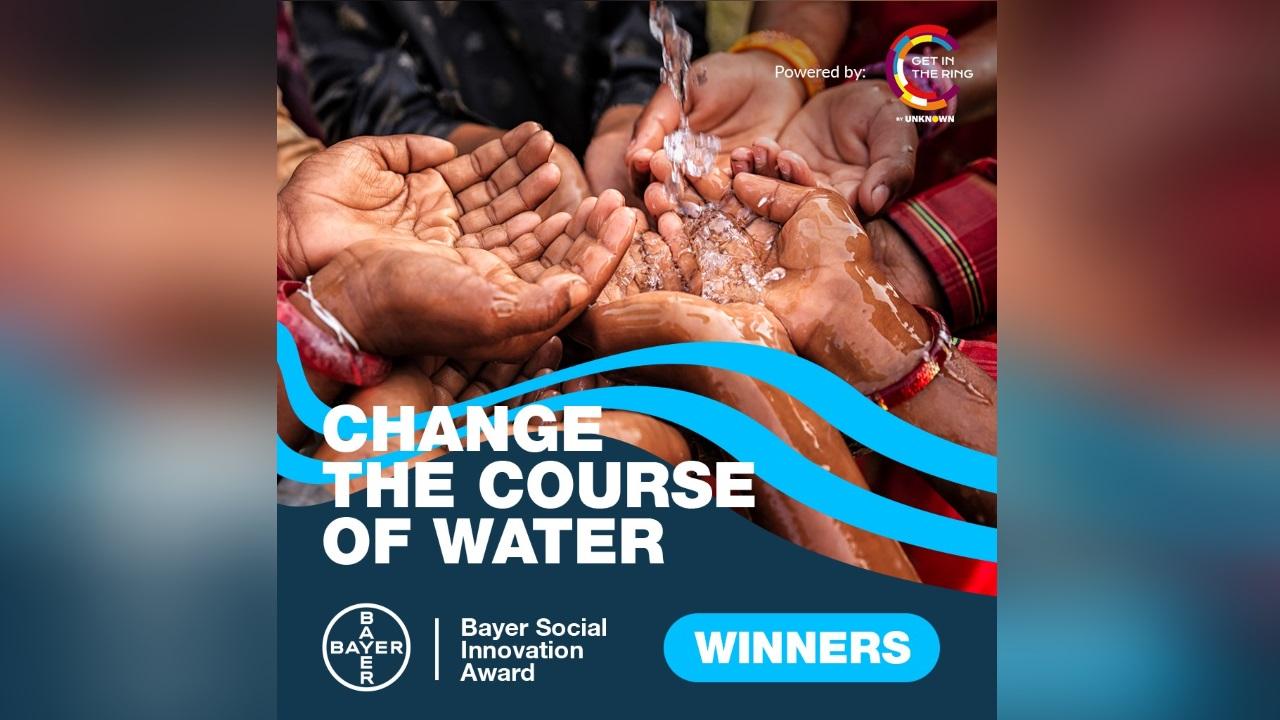Infographic with text: Change the course of water, Bayer Social Innovation Award, Winners