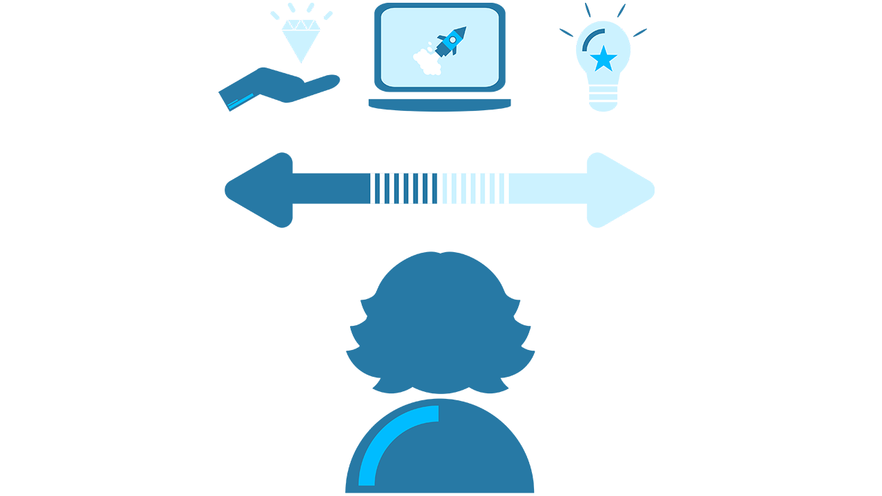Cartoon person sitting in front of two options, implying flexibility