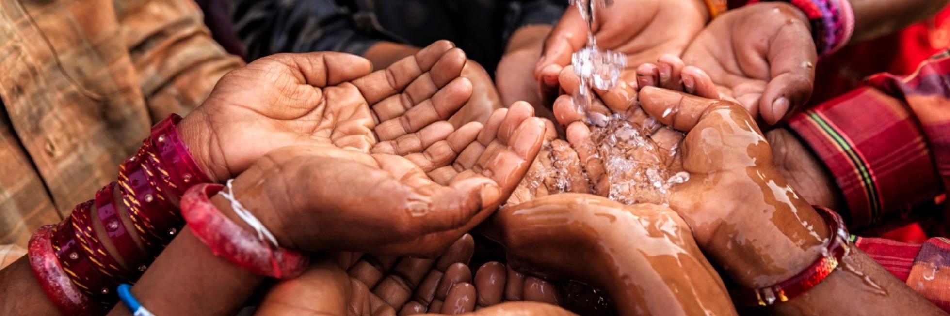 Several hands reaching water